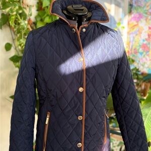 Michael Kors Barn Jacket Quilted Navy with Cognac Trim NWOT